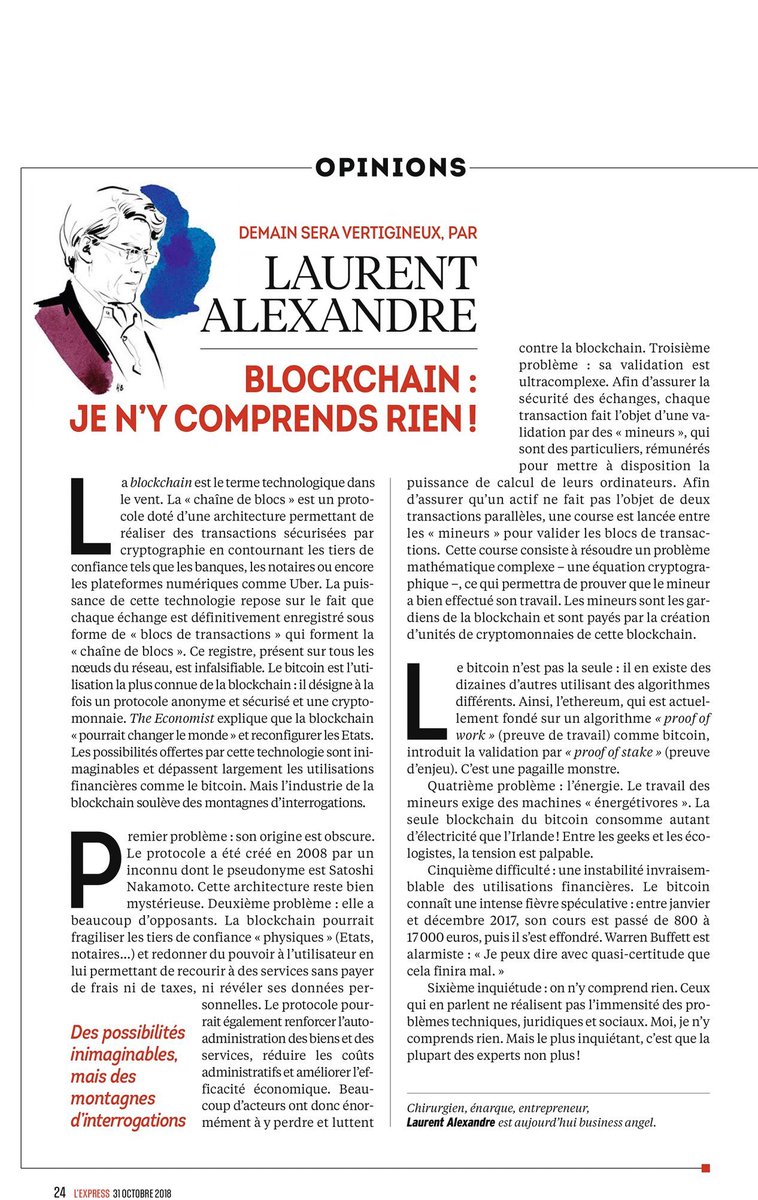 Instit_Sapiens's tweet photo. "La #Blockchain est une technologie qui pourrait être révolutionnaire et transformer toute notre société.
Le problème est que pour le moment peu de gens y comprennent grand chose, notamment les experts autoproclamés"
#10ansBitcoin
Par @dr_l_alexandre https://t.co/pU9p7vXzlF