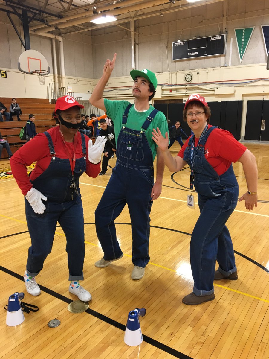 Happy Halloween from a few Mario Bros trying to get students to 'Level Up' behavior in the morning gym. I see some of Bowser's minions made their way into the background... @conradyjaguars @clemonsband @CanDoCollins #PBIS