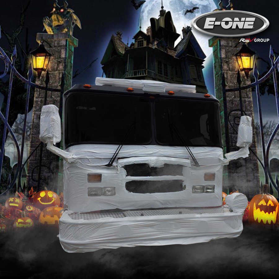EONE_FireTrucks's tweet image. Happy Halloween from E-ONE! Is that an E-ONE fire truck dressed as a mummy for Halloween? No, that truck was prepped for transport during love bug season. #EONEstrength #firetrucks #Halloween2018