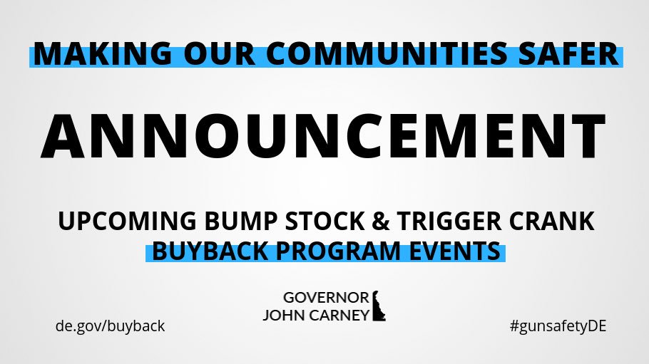 JohnCarneyDE's tweet photo. Watch our announcement on the upcoming bump stock and trigger crank buyback program events here: 
https://t.co/PJjVnTk88S
or https://t.co/UL7HORhtj9 
#gunsafetyDE https://t.co/HPFZK2r9RZ