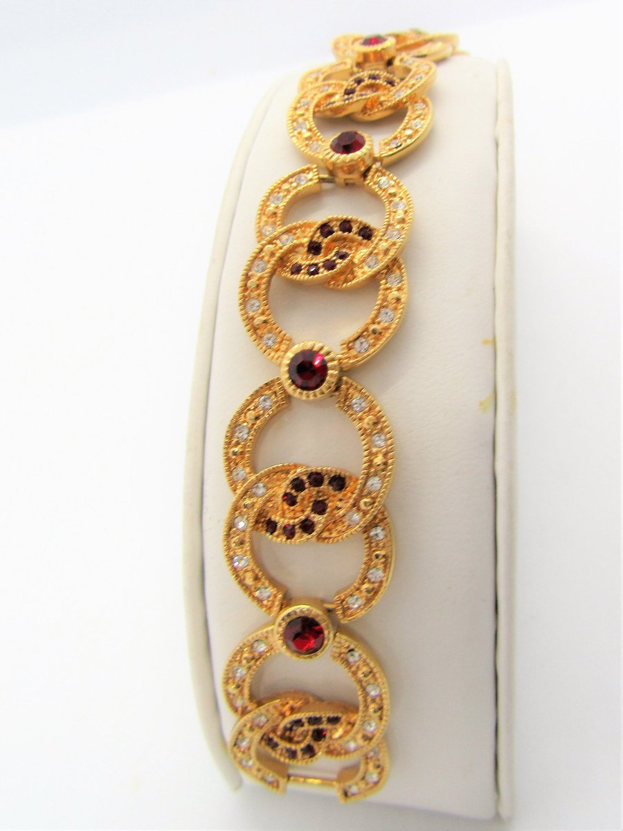 vintagobsession's tweet photo. Excited to share the latest addition to my #etsy shop: Vintage Red Rhinestone Bracelet, Camrose And Kross,  Jackie Kennedy signed JBK, Gold Tone Extension, Large Wrist Bracelet https://t.co/45VcZBMVGR https://t.co/lpqofDzc5g