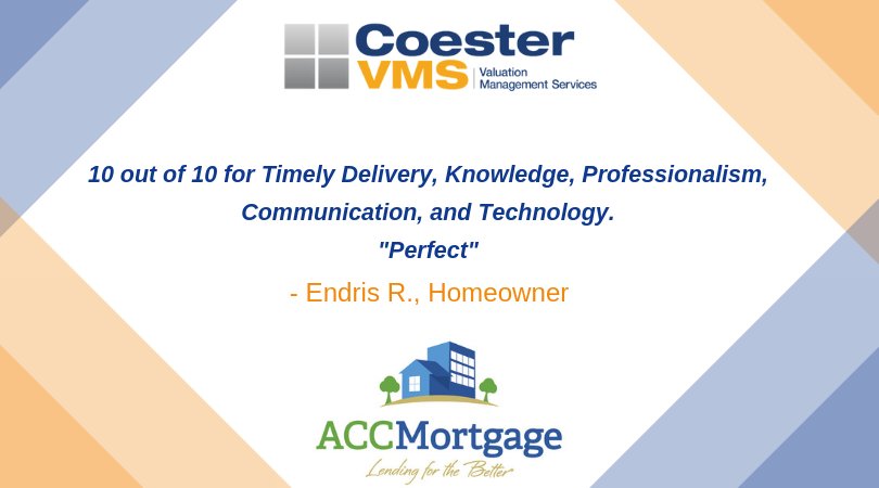 CoesterVMS's tweet photo. Thank you Endris for the review! We are glad we were able to work with #ACCMortgage to complete an appraisal for your new home. #ThankYou #ACC #CoesterVMS https://t.co/IosHiM6au3
