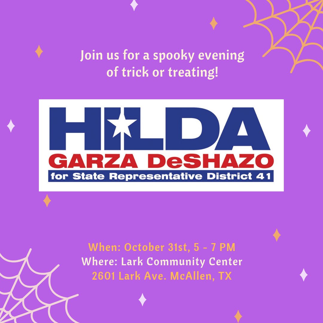 HildaForTexas's tweet photo. Stop by Lark Community Center this evening to vote and for some spooky trick or treating! 🎃 👻 🦇 🕷 🕸 🍬 🍭 see you there! https://t.co/jza3bq7LKF