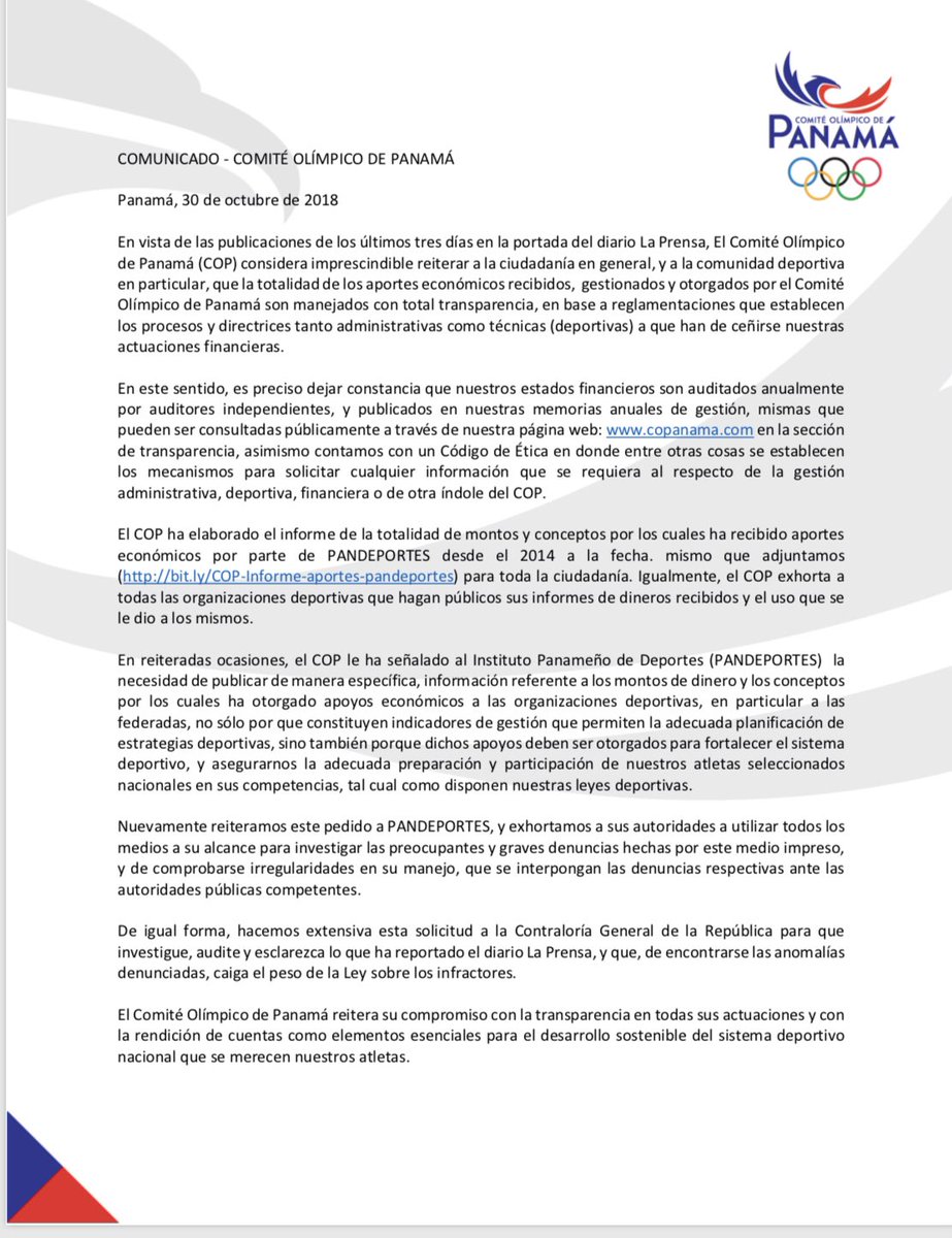 Comunicado de prensa del  <a href="/COlimpicoPanama/">Comité Olímpico de Panamá 🇵🇦</a> referente  a las publicaciones de la periodista investigativa <a href="/MTrinyZea/">Mary Triny Zea</a>  del Diario La Prensa. 
ow.ly/kFkJ30mrCZK

<a href="/BlandonJose/">José Isabel Blandón</a> <a href="/NitoCortizo/">Nito Cortizo</a> <a href="/RicardoLombanaG/">Ricardo Lombana</a> <a href="/romuloroux/">Rómulo Roux</a> <a href="/AnaMatildeGomez/">Ana Matilde Gómez R.</a>