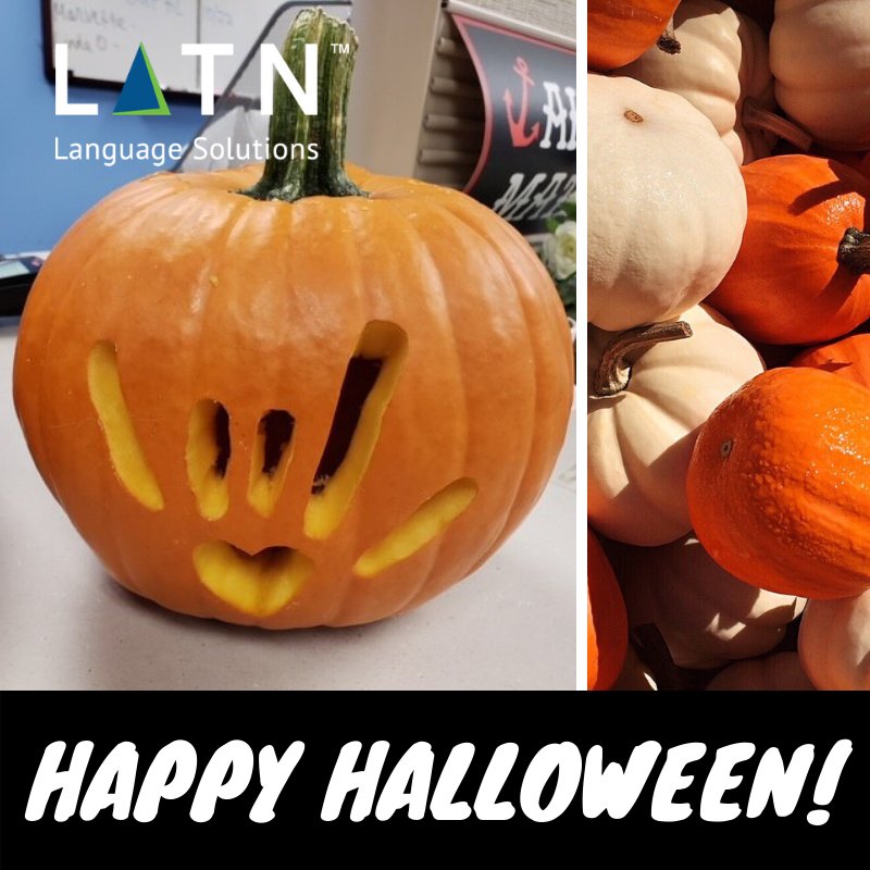 LATN_News's tweet photo. Happy #Halloween from the @LATN team! We celebrated by decorating the office and carving #pumpkins. Our Sign Language team did this awesome one! https://t.co/rNvHqPxqWx
