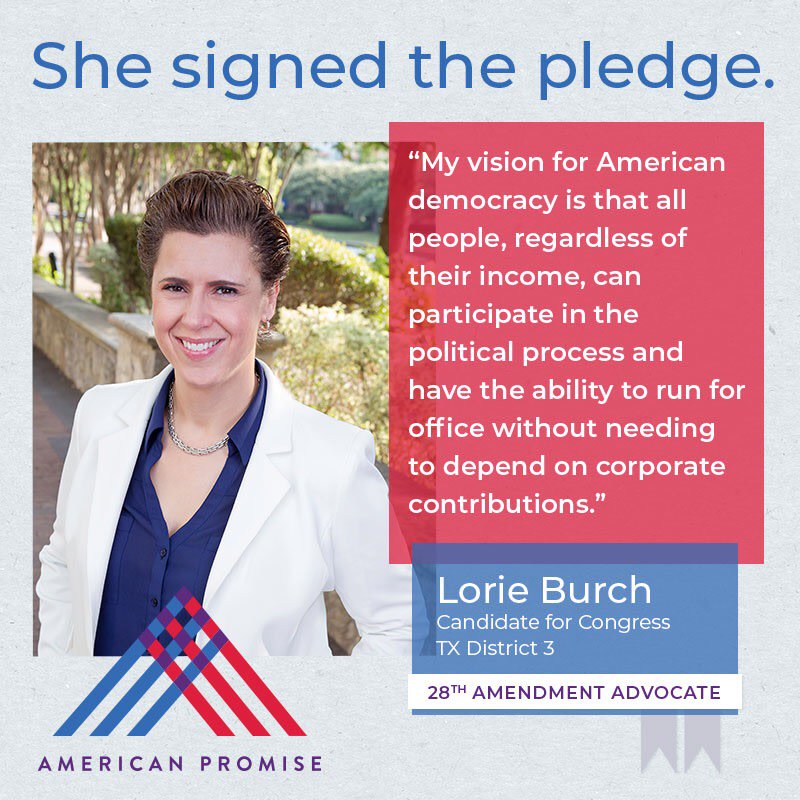 usapromise's tweet photo. Thank you, Lorie Burch, for signing the American Promise pledge to work to get big money out of politics. Learn more about the pledge and American Promise here. https://t.co/shhhSpUN83 @LorieB4Congress #APPledge #28thAmendment #GetMoneyOut https://t.co/4Hba8soI0m