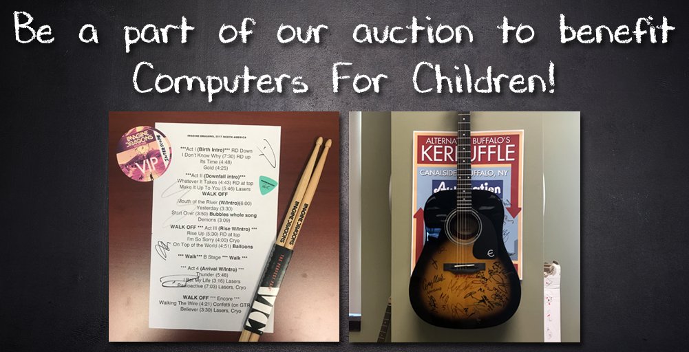 thewolfbuffalo's tweet image. You could own an acoustic guitar signed by ALL of the #Kerfuffle 2018 artists, or a collection @Imagine Dragons items from their 2017 Buffalo show! Get in on our @CFCBuffalo Auction! #TasteOfTechnology 
bit.ly/2zij6sM