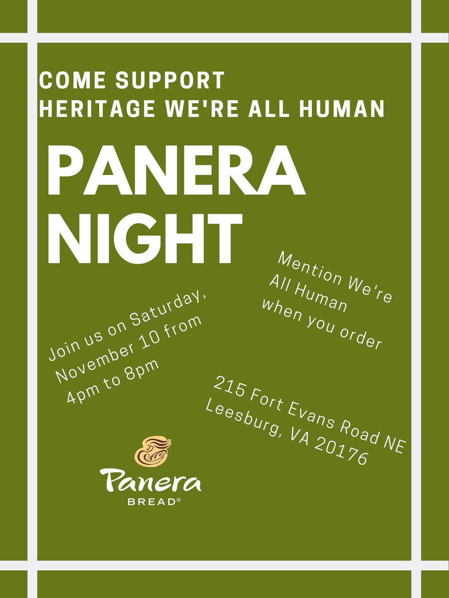 Come support your Heritage We’re All Human at the Leesburg Panera (the one near the outlets) on Nov 10 from 4-8pm!