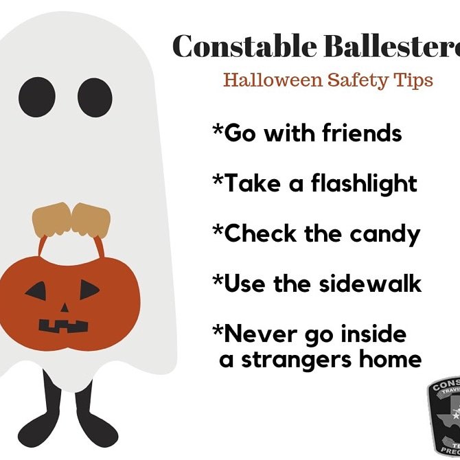 TCConstablePct2's tweet photo. Happy Halloween from Constable Ballesteros and the PCT 2 Staff! With possible rain chances, please slow down and watch for children and pedestrians on the roadways. https://t.co/iMxKiBPI7Q