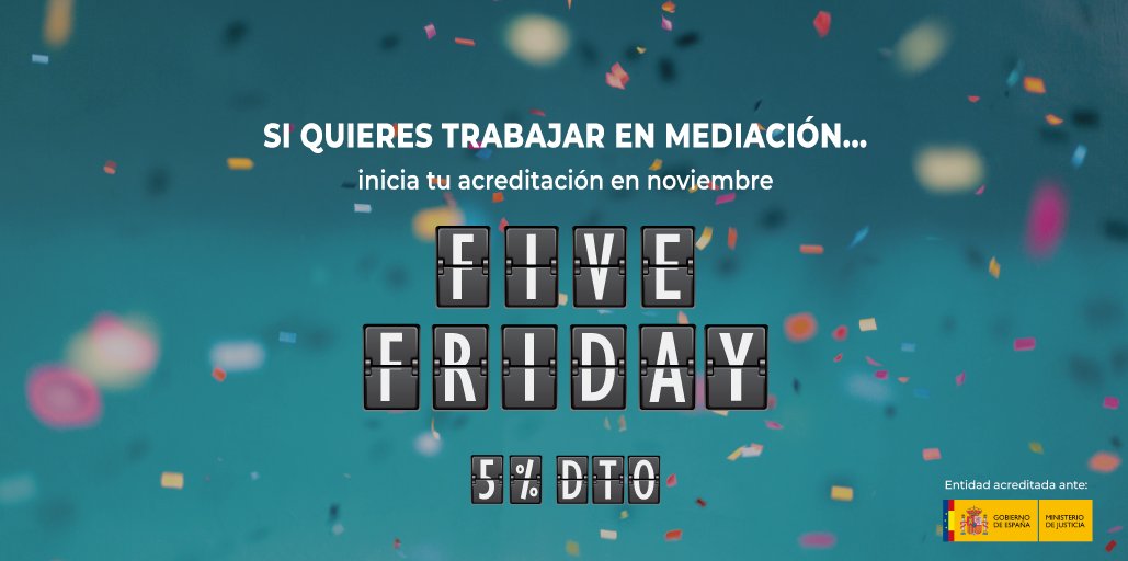 eimediacion's tweet image. 📢 Al margen de las rimas, el 5 siempre ha sido un número muy especial...Y este noviembre queremos celebrar los #FiveFriday con un -5% dto 🔝 en nuestro Programa.

Sí, todos los viernes de este mes, podrás reservar tu plaza con un 5% de descuento 😱 ¡Te esperamos en nuestra web!