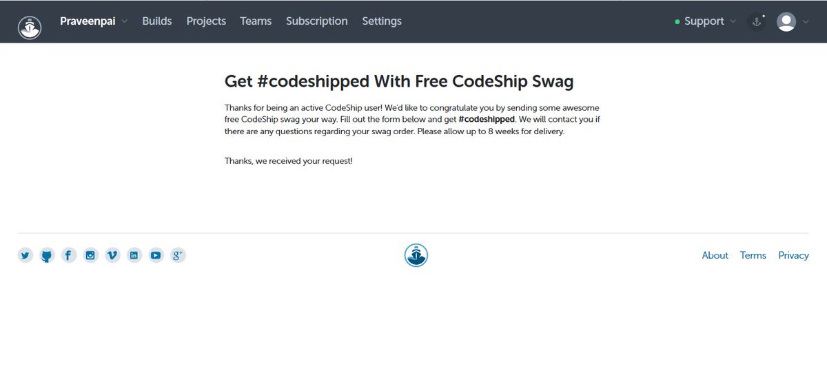 RPraveen08's tweet photo. Just completed my first five builds in https://t.co/HRAm2ZXmEq. Waiting for the swags!🙌
@CodeShip #codeshipped #swags #shipyourcode https://t.co/amEhOqvrLj