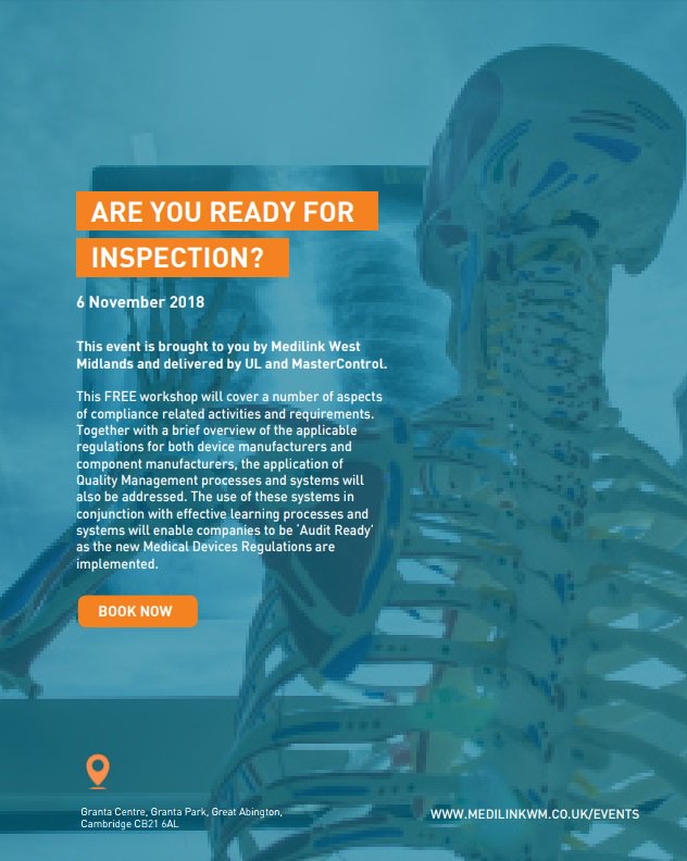 MedilinkUK's tweet photo. It is critical that you have a structure in place to manage an #audit - can you prove that you are compliant? 
Unmissable event for #medicaldevice #manufacturers, 6 Nov with @ULPURELearning and @MCMasterControl: https://t.co/DInlmY4OdB #GetAuditReady #MWMevents https://t.co/c5h5CIQcbm