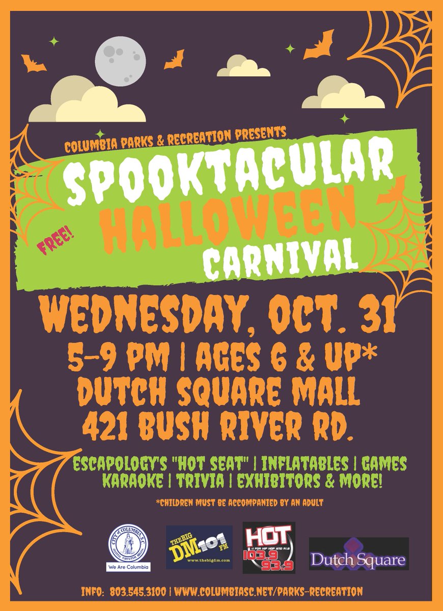 ColaSCParksRec's tweet image. Join us tonight for the Spooktacular Halloween Carnival at Dutch Square Mall! We'll have lots of games, inflatables, candy and more! #HappyHalloween