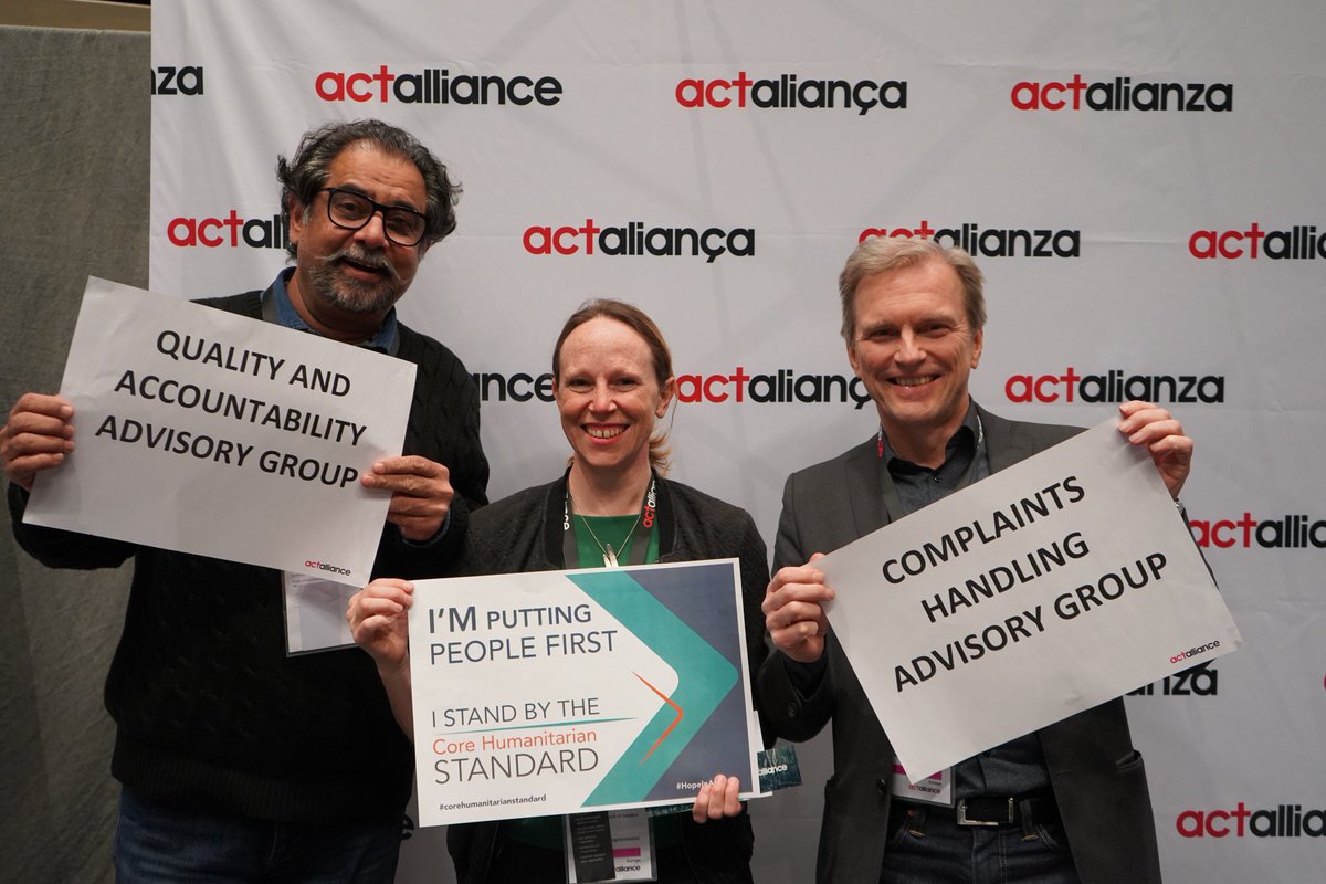 CHS_Alliance's tweet photo. Like Arno, from Finn Church Aid, Coleen, from Church of Sweden, and Marvin, from CWSA, show your commitment to the #corehumanitarianstandard and #puttingpeoplefirst! #CommunityWorldServiceAsia @Ulkomaanapu @svenskakyrkan #ACTGA2018 #HopeinAction https://t.co/xcCixXyQkQ