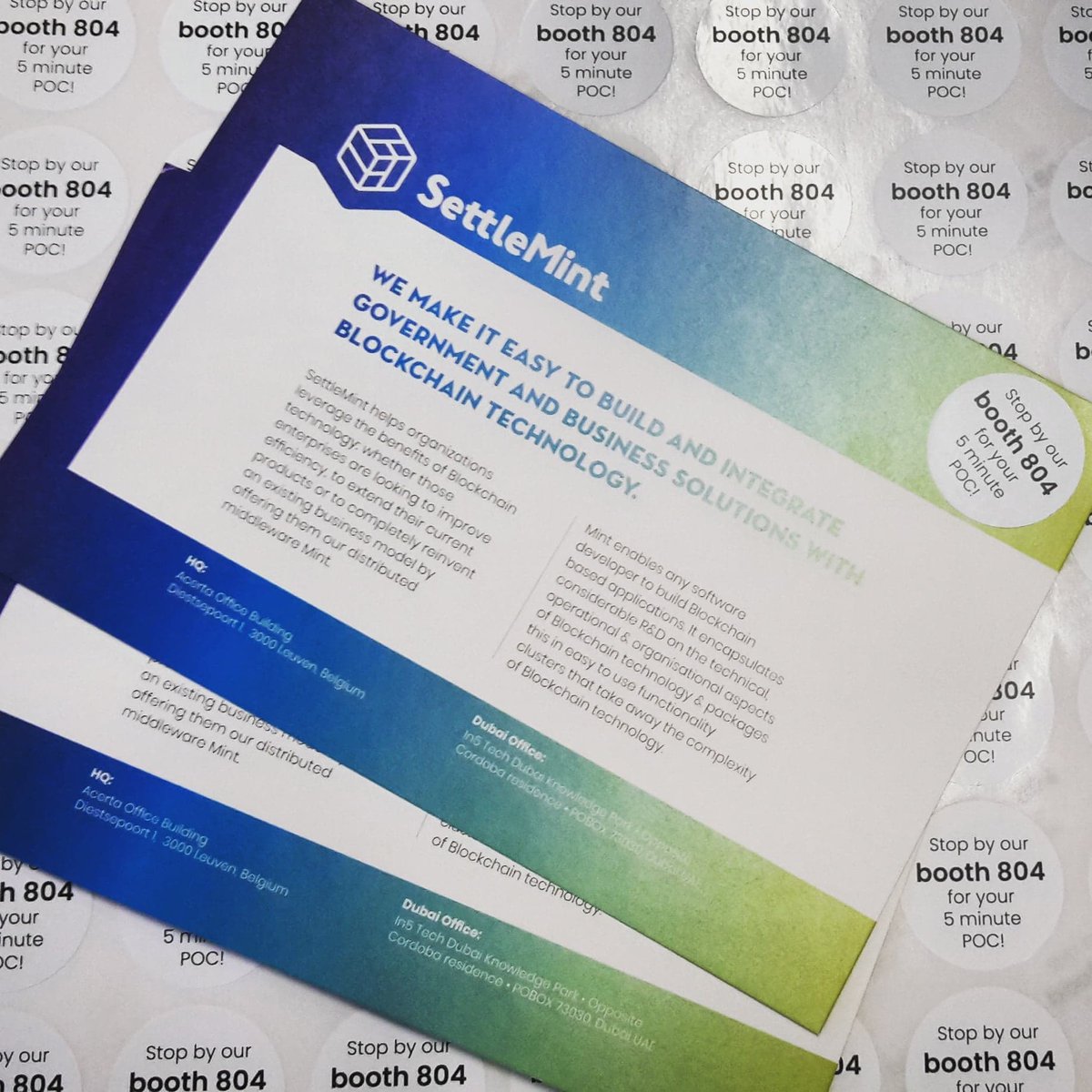 SettleMintCom's tweet photo. Almost all set for @Gartner_inc Symposium ITxpo in Barcelona! Our flyers and stickers have arrived! #SettleMint #blockchain #blockchaintechnology #middleware #Mint #TokenMint #CertiMint #EnergyMint #GovernMint https://t.co/gabVDqclKY
