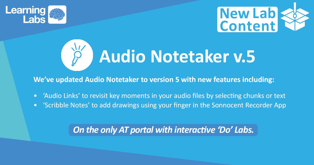 LearningLabsUK's tweet image. Our Audio Notetaker 5 Lab is now LIVE in the portal - our &apos;read&apos;, &apos;watch&apos; and &apos;do&apos; tutorials cover the latest version of the software programme. With Learning Labs you can refresh your skills of this note-taking, study app any time, night or day. @sonocent #assistivesoftware