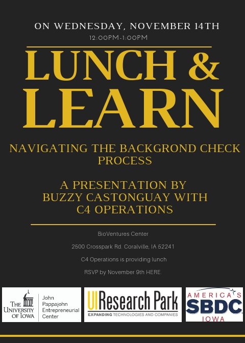 UIRP is hosting a lunch and learn on November 14th, 12pm-1pm. Buzzy Castonguay, the President of C4 Operations will present on the topic of, Navigating the Background Check Process.

RSVP: …pnovemberlunchandlearn.eventbrite.com