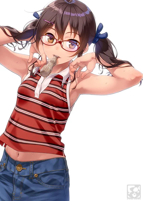 お約束のメガネ。余談ですが空が良く着てる服はノースリーブのスキッパーシャツで、デニスカ諸々大体はオシャレだったお母さんの雪さんのお古です。#蒼囲空 