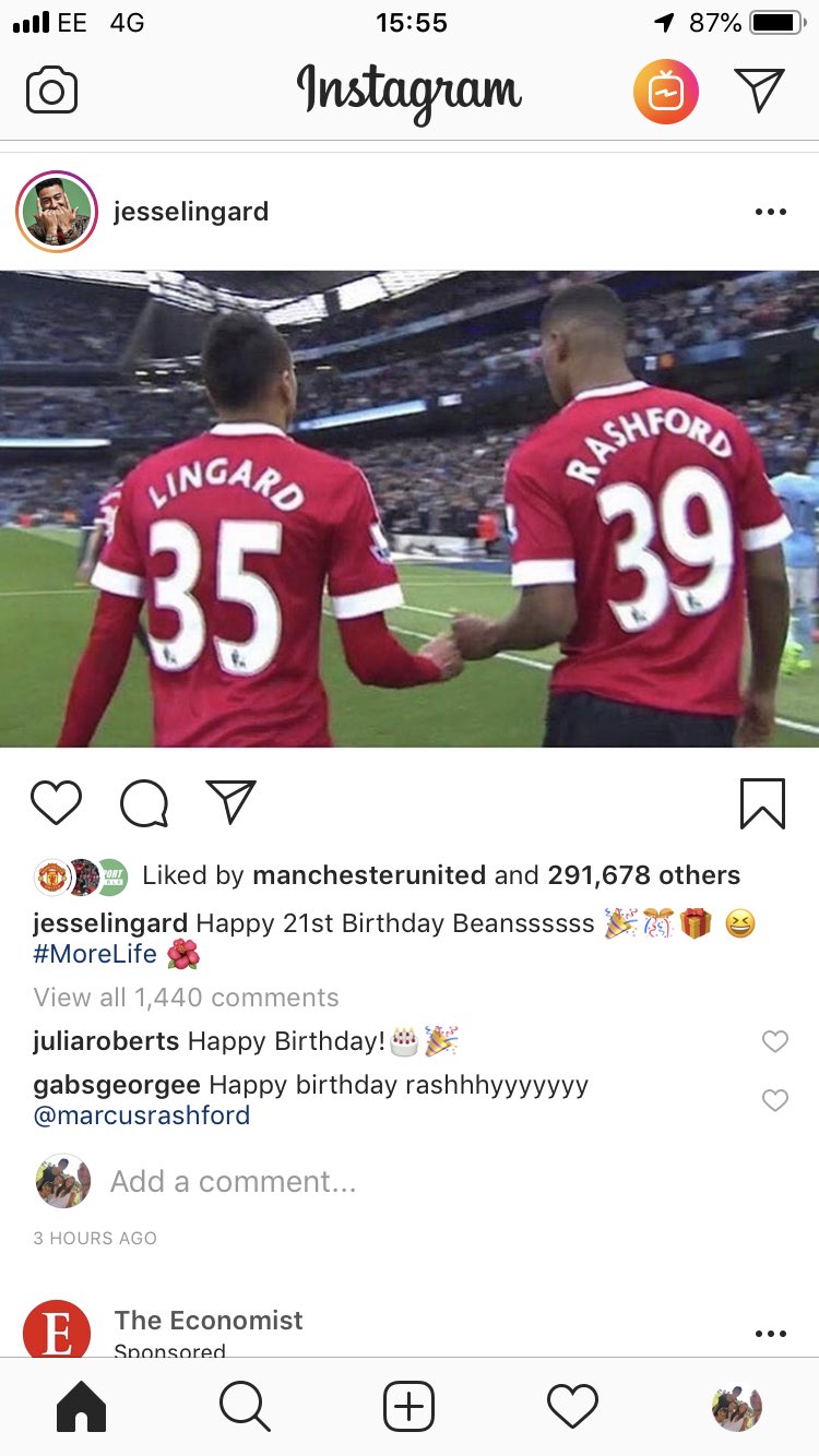 Things you don t expect to see: Julia Roberts wishing Marcus Rashford Happy Birthday on Jesse Lingard s insta page. 