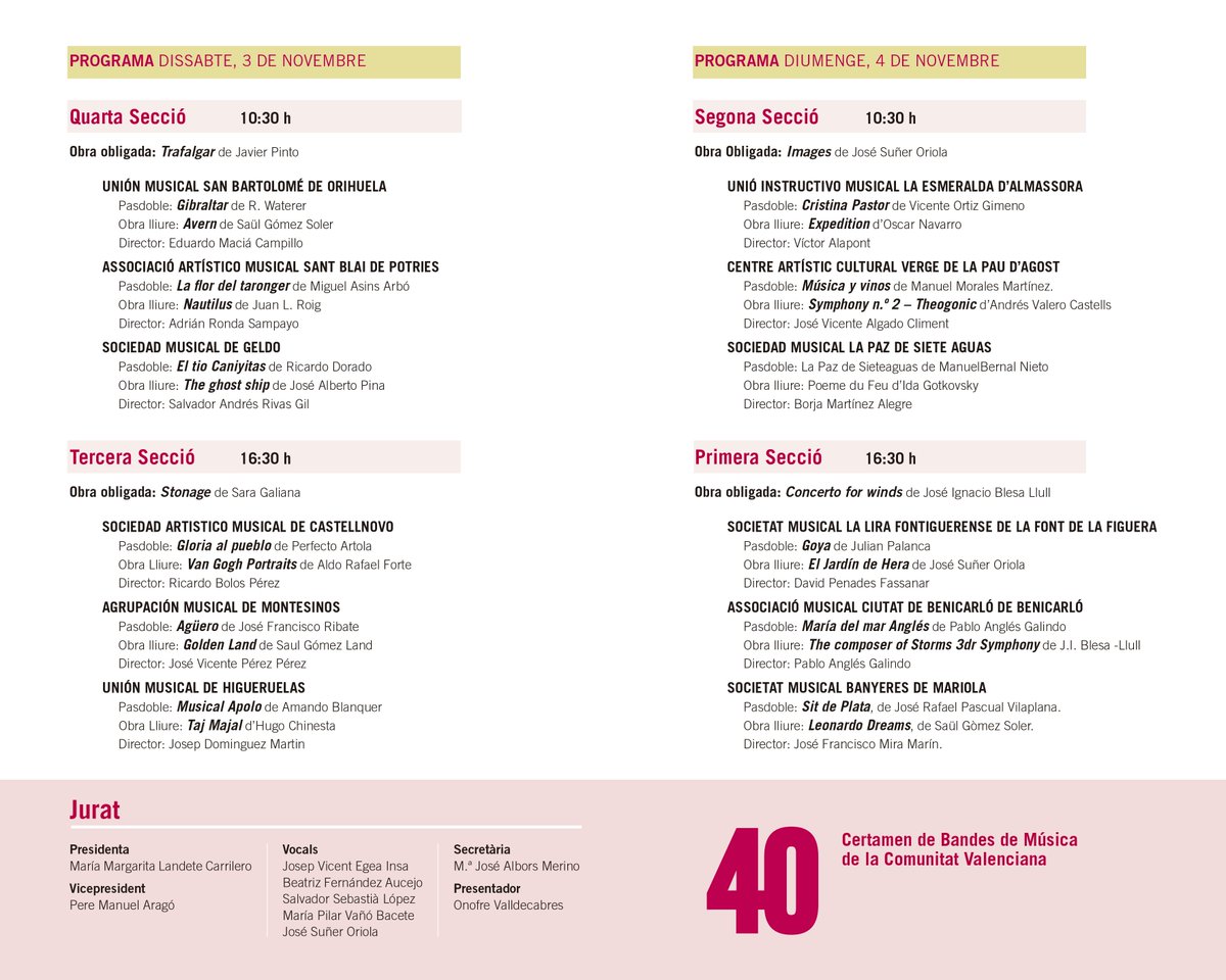 El 3 de novembre l'Associació Artístico Musical Sant Blai de Potries participarà en el 40 Certamen de Bandes de Música de la Comunitat Valenciana.

Encara podeu acompanyar a la banda, per a això haureu de reservar la vostra plaça de bus en l'Ajuntament o en l'escola de música.