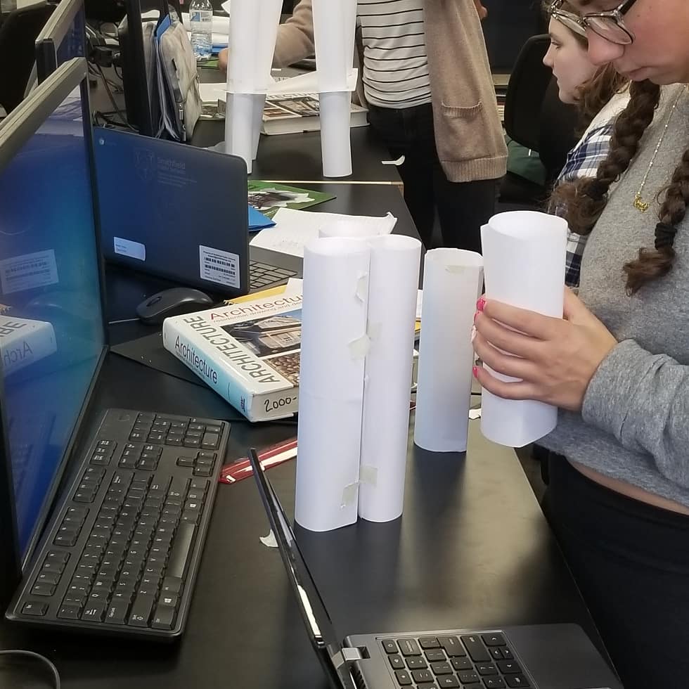 MrMacari's tweet photo. The Introduction to Engineering students are exploring how to counteract the forces that act on a structure.   They need to build a paper structure that will be in balence when a 5 lb load will be applied to it.  #shslegacy #Smithfieldcte https://t.co/UM6GninaCL