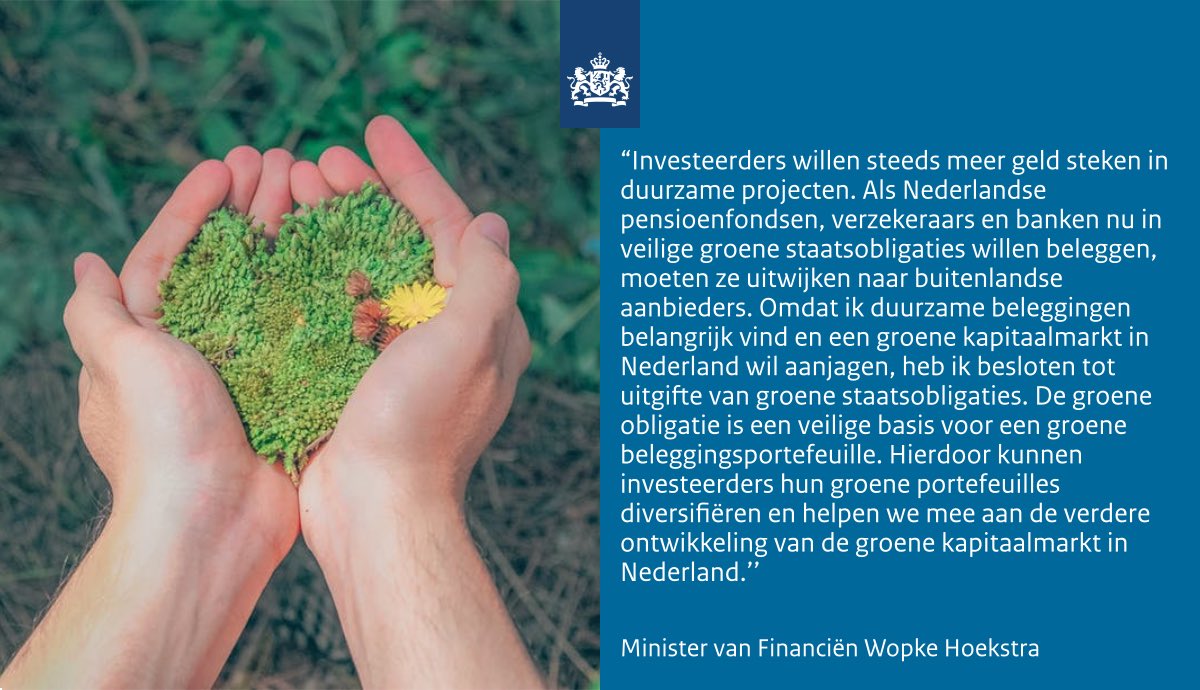 De Nederlandse staat gaat volgend jaar groene obligaties uitgeven. Minister <a href="/WBHoekstra/">Wopke Hoekstra</a> is na onderzoek tot de conclusie gekomen dat uitgifte van groene staatsobligaties wenselijk en mogelijk is. rijksoverheid.nl/actueel/nieuws…