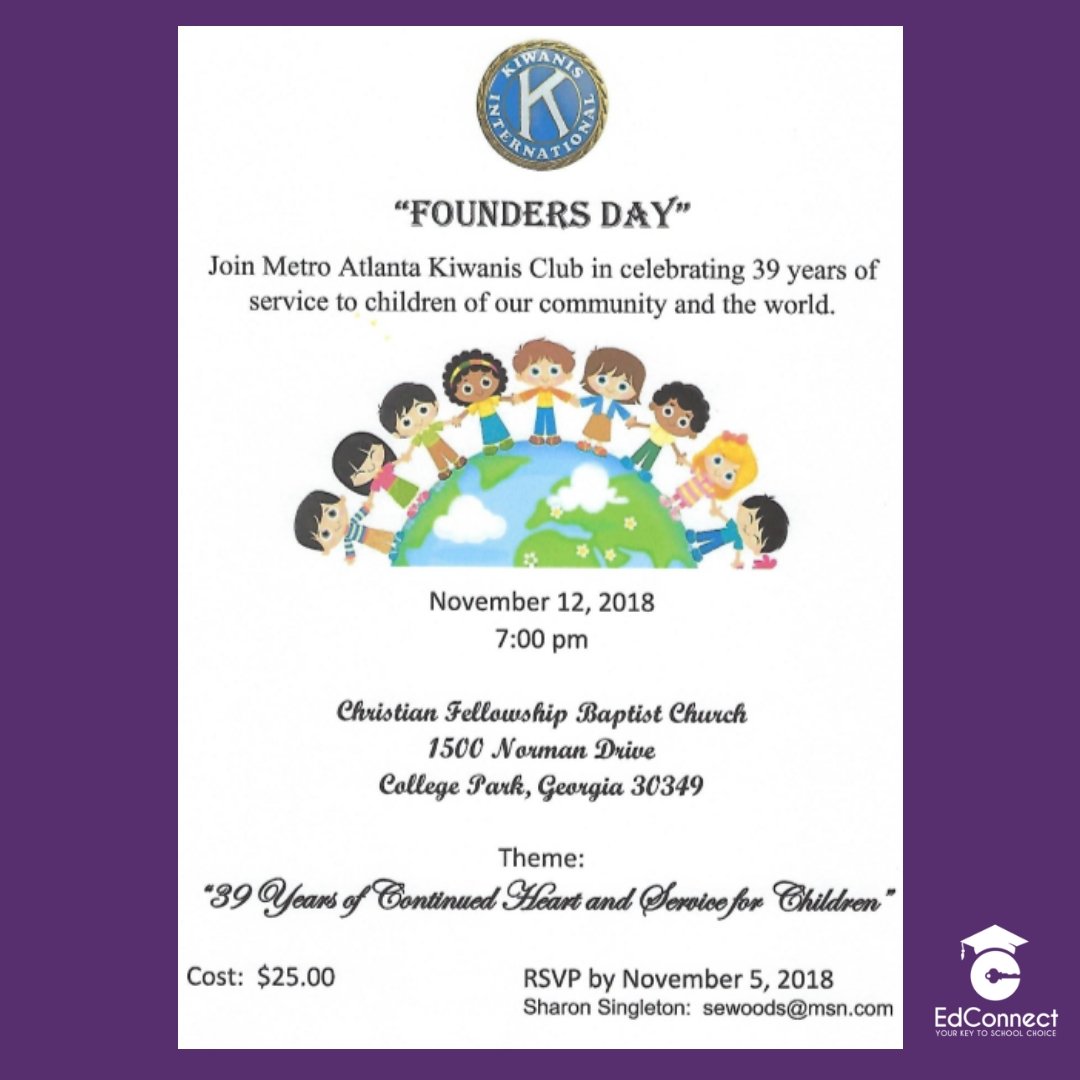 Education_101's tweet photo. Join Metro Atlanta Kiwanis Club on November 12th, 2018 at 7:00 PM to celebrate 39 years of service to children. 

Christian Fellowship Baptist Church
1500 Norman Drive
College Park, GA 30349
$25.00

RSVP by November 5th, 2018 to Sharon Singleton: sewoods@msn.com https://t.co/hzCJD4CEHk