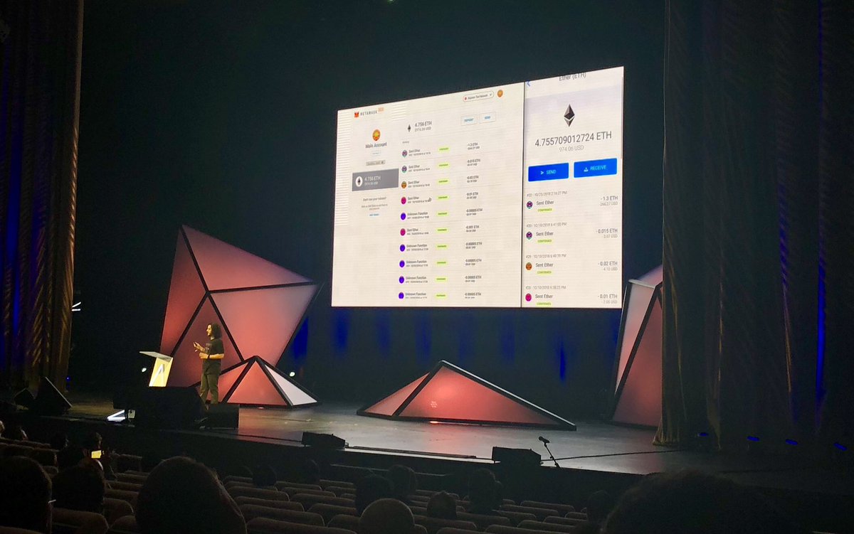 jessibaker's tweet image. .@metamask_io winning the UX quest so far I think✊🦊 Slick presentation by @brunobar79 @Jenny_Pollack incl. @musteka_la, design props to @cjeria. Great talks by @phildaian, @leashless @karl_dot_tech today too. #DevCon #devcon4 #ethereum #blockchain