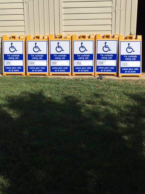 VoteFairfaxCity's tweet photo. Excited about our new signs for curbside voters. Each precinct will have a sign with a phone number to call the chief inside the precinct. If you call the office before you leave home, we'll make the call for you. #MakeVotingAccessibleforAll https://t.co/IYXnoiKuYj