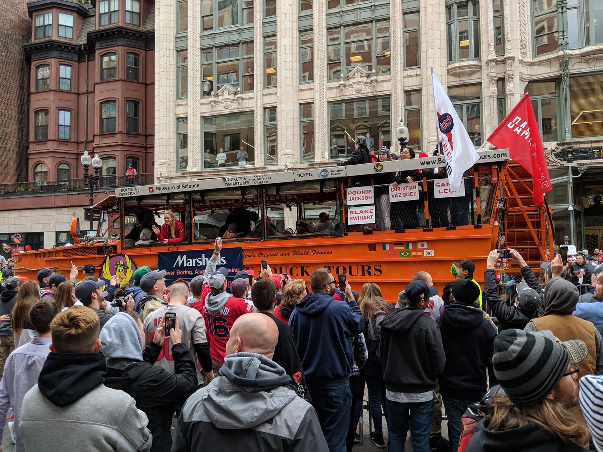 ericdemers's tweet photo. Enjoying the Red Sox World Championship parade outside our office! Go Sox!! #Accreon #RedSox https://t.co/H24ZxgL6iV
