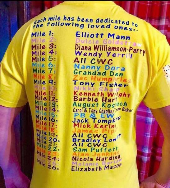 RichSherwell's tweet photo. I’m running next years London Marathon in aid of Children with Cancer UK &amp; looking for people to sponsor each mile for a minimum of £20 with the name of a loved one who has lost their battle against cancer. Below is an example of the T-shirt I will wear. DM 4 details. https://t.co/MOaO0ohdM1