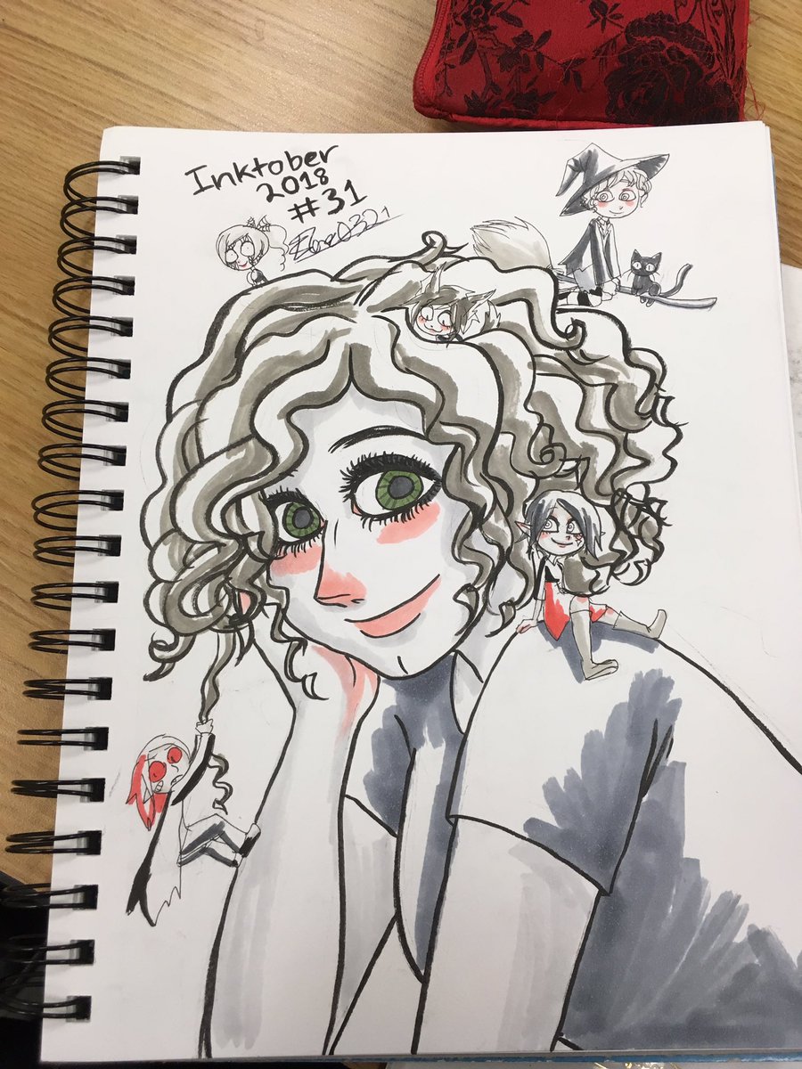 Inktober 31! Happy Halloween!! #inktoberday31 #inktober2018day31 #inktober2018 #inktober #halloween #elora0321 #Drawlloween2018 #doodle #sketchbook #ArtistOnTwitter #werewolf #werewolfgirl #witch #witchboy #vampire #copics #curlyhair