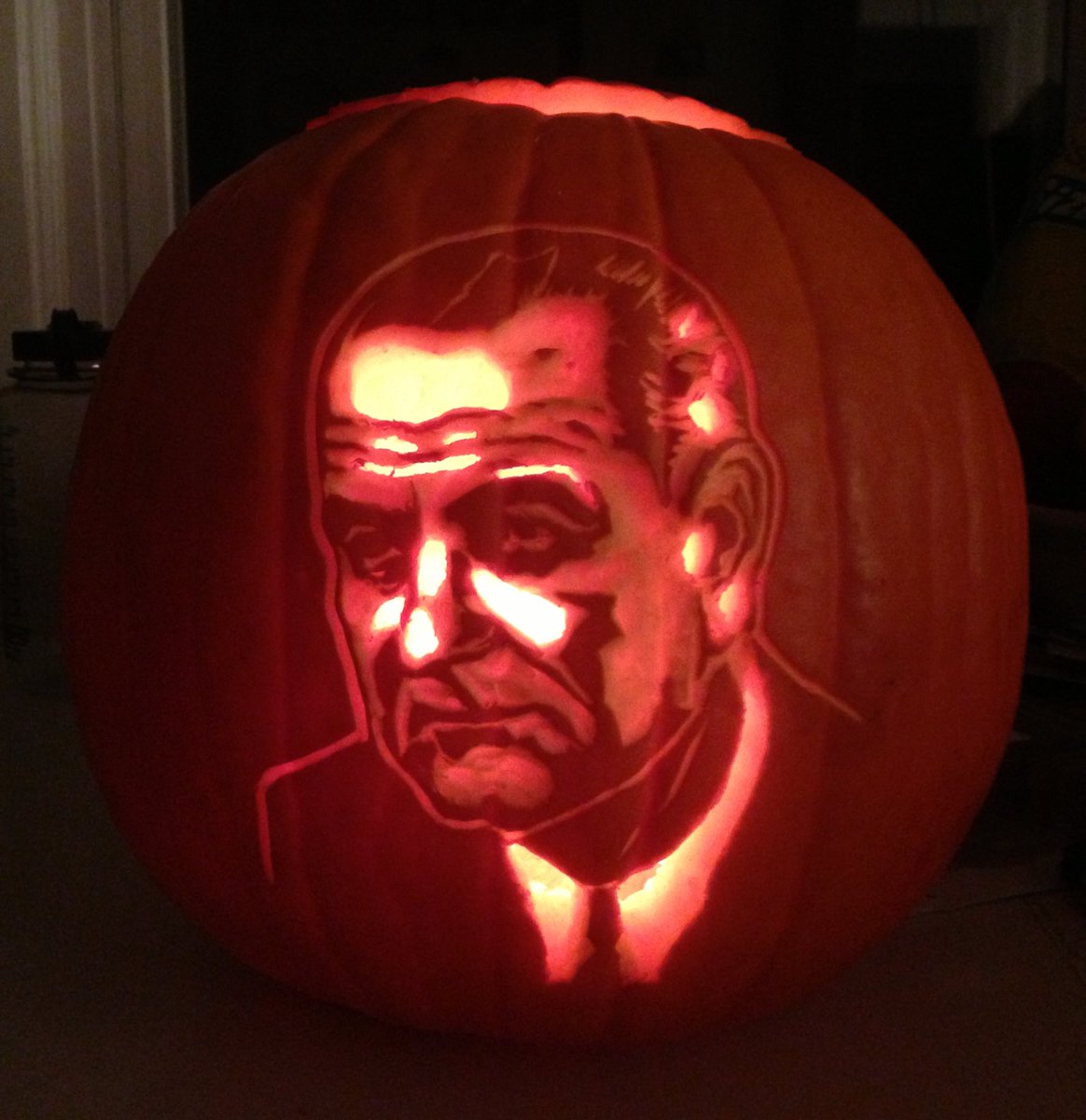 Presidential pumpkin carvings of Halloweens past 🎃: Lyndon Johnson, Halloween 2013 #WhenHistoriansCarvePumpkins <a href="/LBJLibrary/">LBJ Library</a>