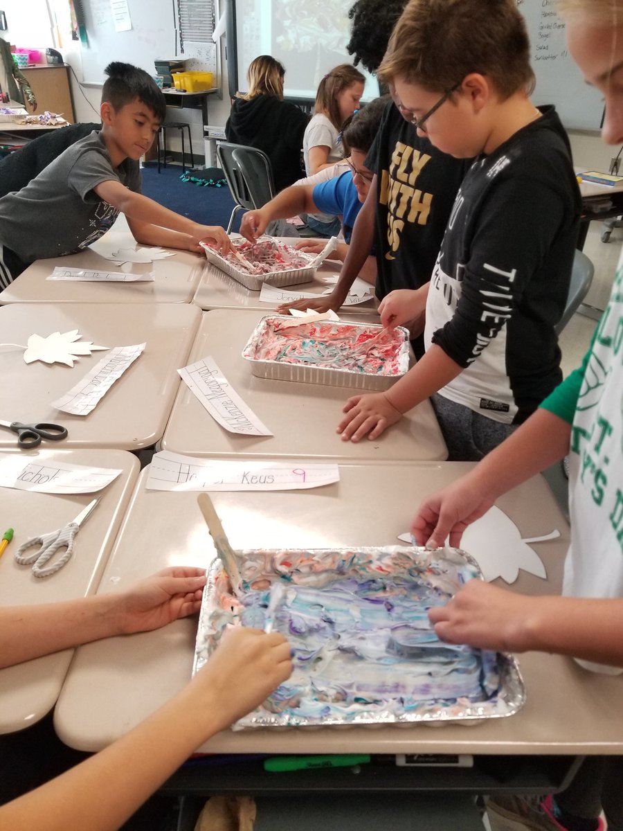 Ms_Alongi's tweet photo. When the teachers out for 2 days and the kiddos earned their Star Leaves for a fun fall craft - marbleized fall leaves with shaving cream and food coloring #create #messy #funfallcrafts #PBIS ππ https://t.co/xl7lvcUMvb