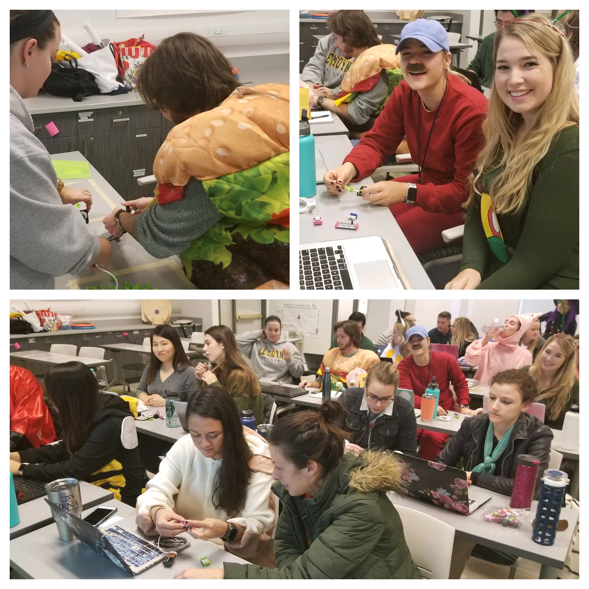 Eduscape's tweet photo. Occupational Therapy grad students from @LeMoyne College are learning to use @littleBits to create a device to help a patient!

(They're wearing some great costumes too! 🎃) #littleBits #Halloween https://t.co/dC2nrO5f9Q