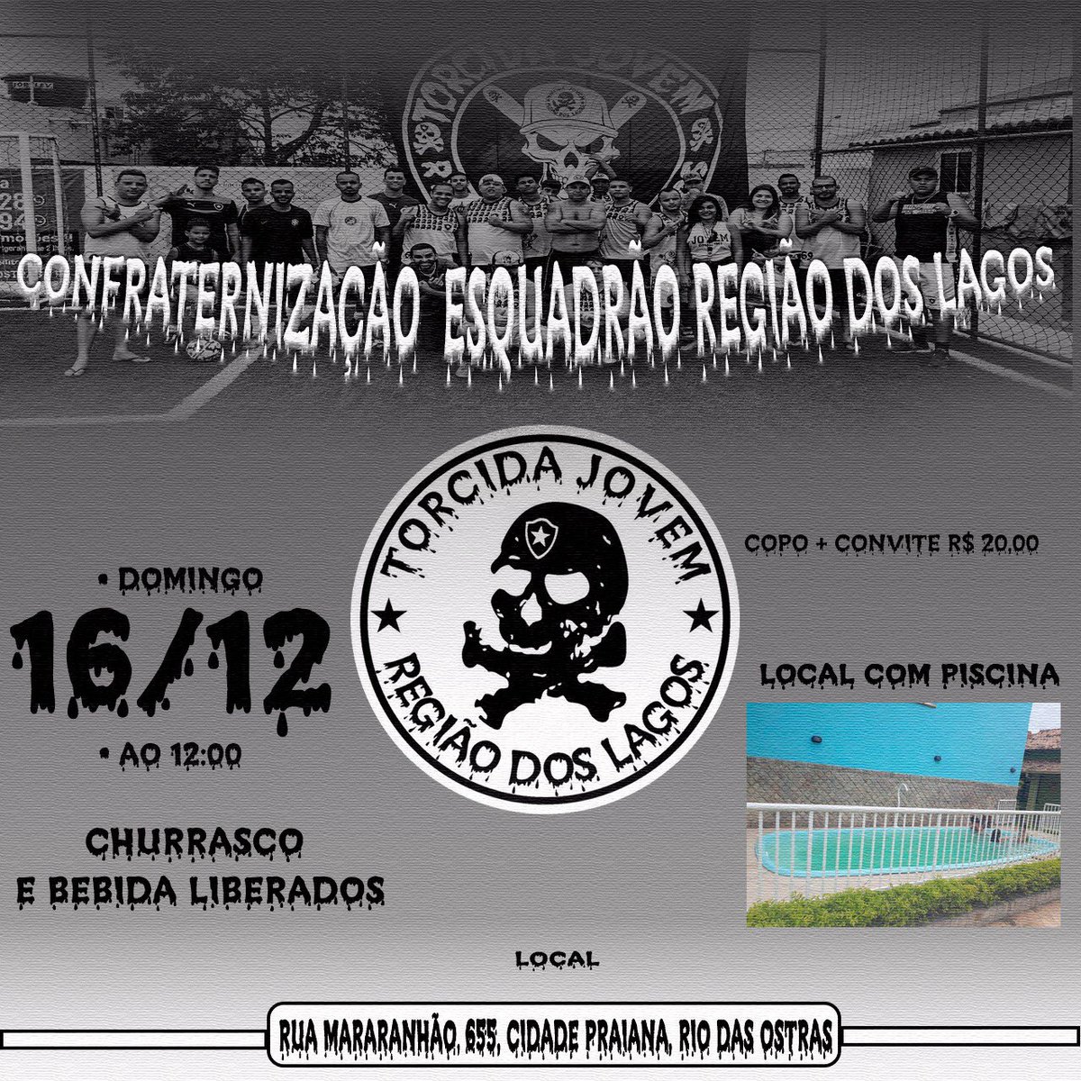 Fim de ano combina com festa , não é mesmo? Pensando nisso, o Esquadrão Região dos Lagos resolveu fechar o ano com chave de ouro.  
Vem aí o churrasco de confraternização do ERL! Cerveja e churrasco liberado, pula pula, piscina de bolinhas pra criançada e muito mais!