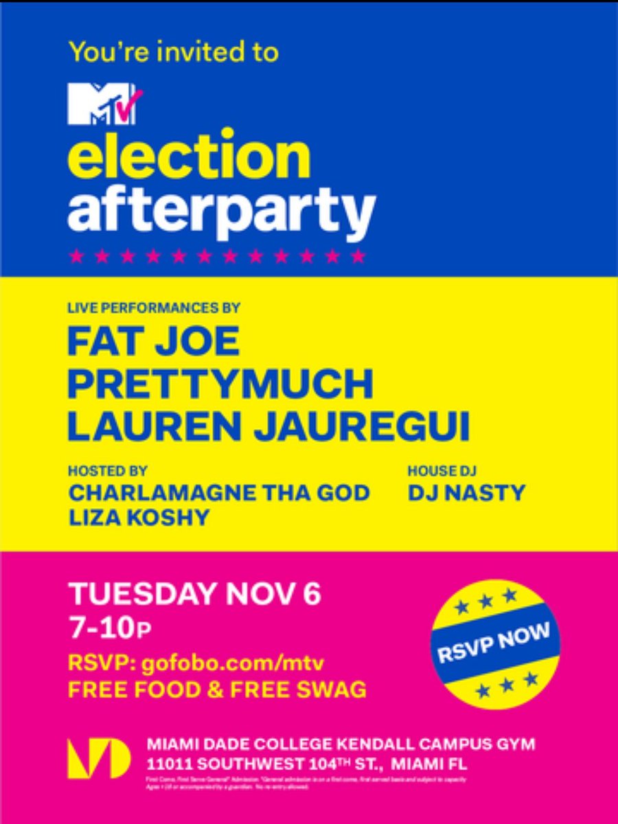 Vote! Vote! Vote! 🙋‍♂️🙋‍♀️✊
Then celebrate with <a href="/MTV/">MTV</a>News @MTV at <a href="/MDCollege/">Miami Dade College</a> on November 6th! Get informed and your passes by following the link below! #midterms2018 #Vote
filmfoodieozzy.wordpress.com/2018/10/31/1-t…