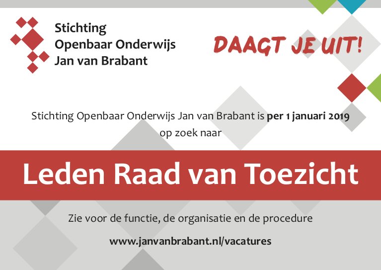 Stichting Openbaar Onderwijs Jan van Brabant is per 1 januari 2019 op zoek naar Leden Raad van Toezicht. Bezoek voor meer informatie de website via: buff.ly/2zjm1Bx #vacature #Helmond