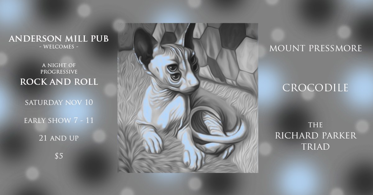 crocodileatx's tweet photo. Crocodile Live In Austin Texas! Sat Nov 10. Anderson Mill Pub. 7 - 11
We'll debut some new stuff from our upcoming second album!
Special guest @MountPressmore and Richard Parker Triad
#AustinProg https://t.co/QSMiRrRH8L