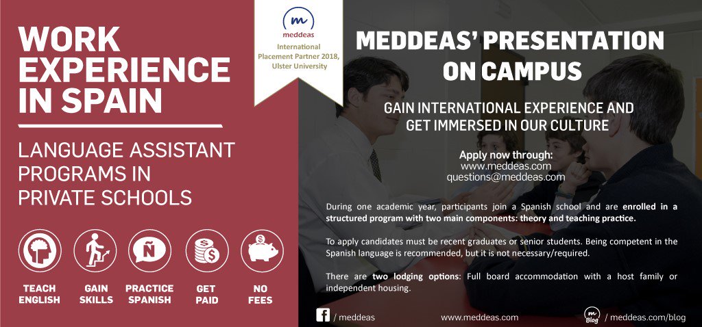 Interested in gaining international work experience in Spain after graduation, no teaching experience or Spanish skills required? Join us in the Balfour Unity Center tomorrow, November 1st, at 3:30 pm for the Meddeas’ Language Assistant Programs presentation!