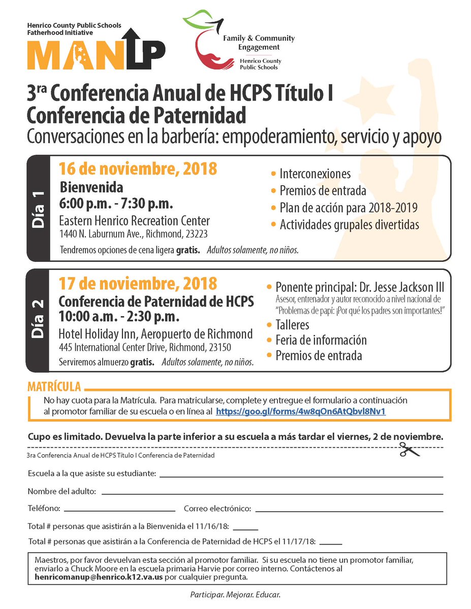 Attention Wilder fathers and father figures!! The <a href="/HenricoManUp/">Henrico ManUp</a> Annual HCPS Title I Fatherhood Conference registration has started! Register online or on paper. There are no fees! #InspiringExcellence #OneFamilyOneSchoolOneCommunity #ONEHenrico