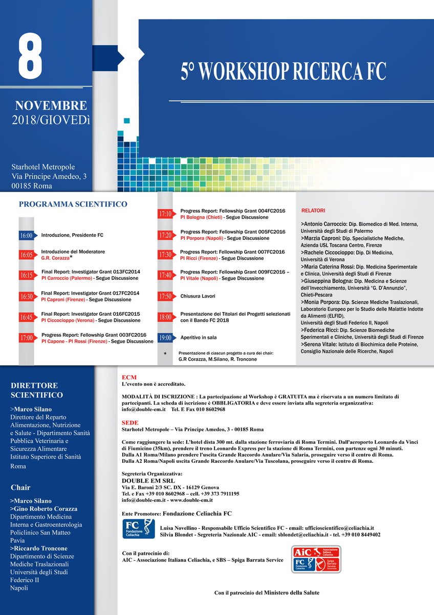 AIC_Sicilia's tweet photo. #workshop Ricerca FC e #Convegno “La biopsia intestinale nella diagnosi e nel follow-up della malattia celiaca” Sono i due eventi clou dell’anno 2018 per #AIC, rivolti ai #medici , in programma a Roma l’8 e il 9 novembre. 3,5 #CreditiECM. Info: 010/8602968 - info@double-em.it. https://t.co/NBjFGWgst7