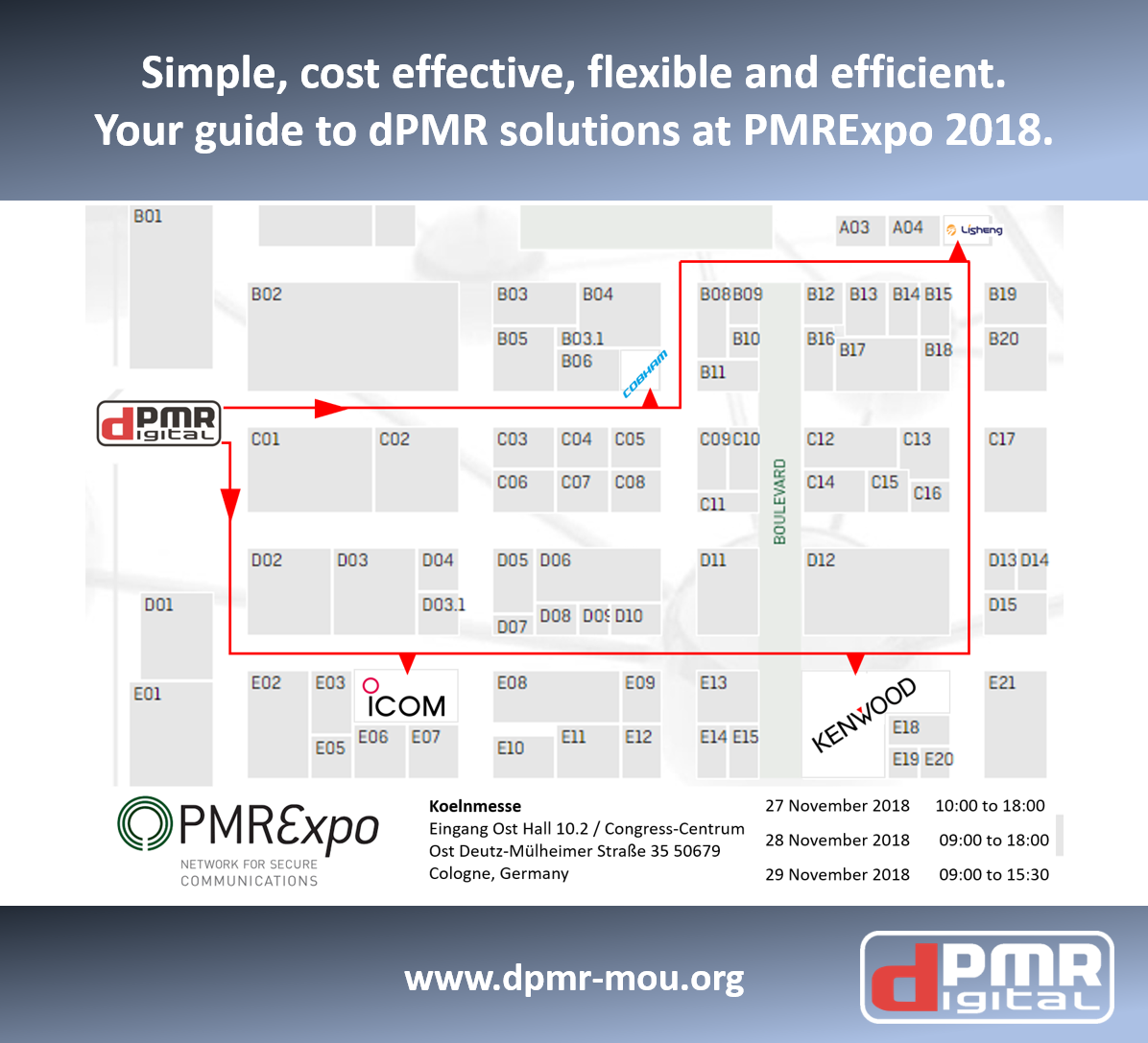 dPMRAssociation's tweet photo. Discover the benefits of #SpectrumEfficient #dPMR digital #twowayradio communication @PMR_Expo 2018 using our time-efficient planner. #Cobham, #Icom, #Kenwood and #Lisheng look forward to seeing you. https://t.co/HR4wuMRmI3