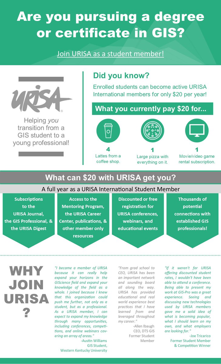 @URISA has so many wonderful benefits for Student Members.... Check it out Today! urisa.org/resources/are-… @girlscanmap @NCSUgeospatial @LakelandCommCol @SDSUGeography @mwsugeoclub @UNM_GES @GeographyUMW @TAMUGeosciences @PennStateGIS @geospatialucla @UDelGIS @KSUGresearch