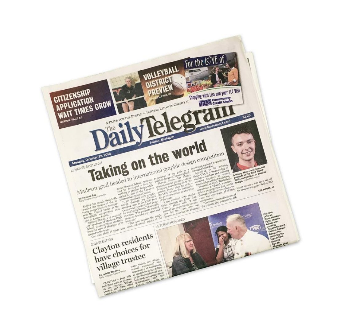 WorldSkillsUSA's tweet photo. #WorldSkillsUSA competitor Anthony Moore was recently featured in the @thedailytelegram. Way to go Anthony! #RoadtoKazan https://t.co/2B6jZPE9nO