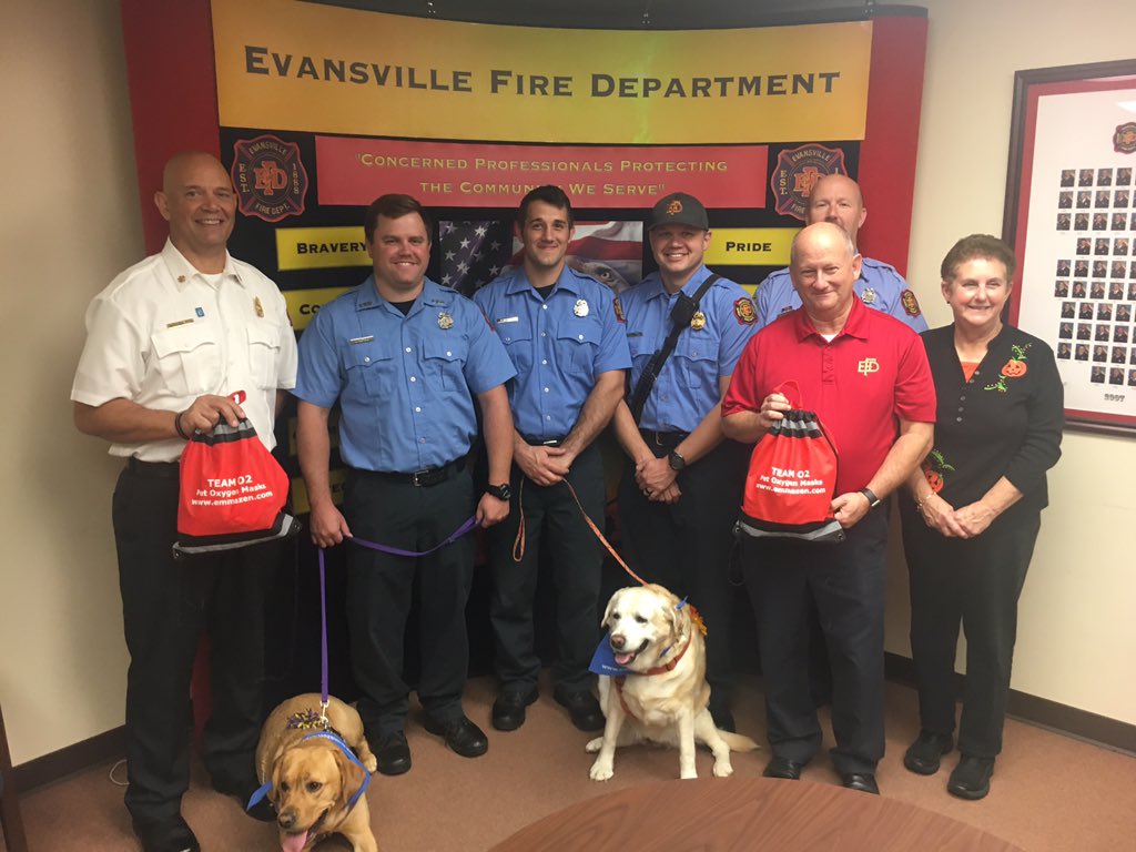 Evie Sue and Vandy Lee were on hand at EFD Headquarters with  Steve and Sue Harp, to present EFD with two new pet oxygen mask kits.  The donation was made possible by the Emma Zen Foundation in conjunction with Team O2 for Indiana.  The kits are carried on all EFD apparatus.