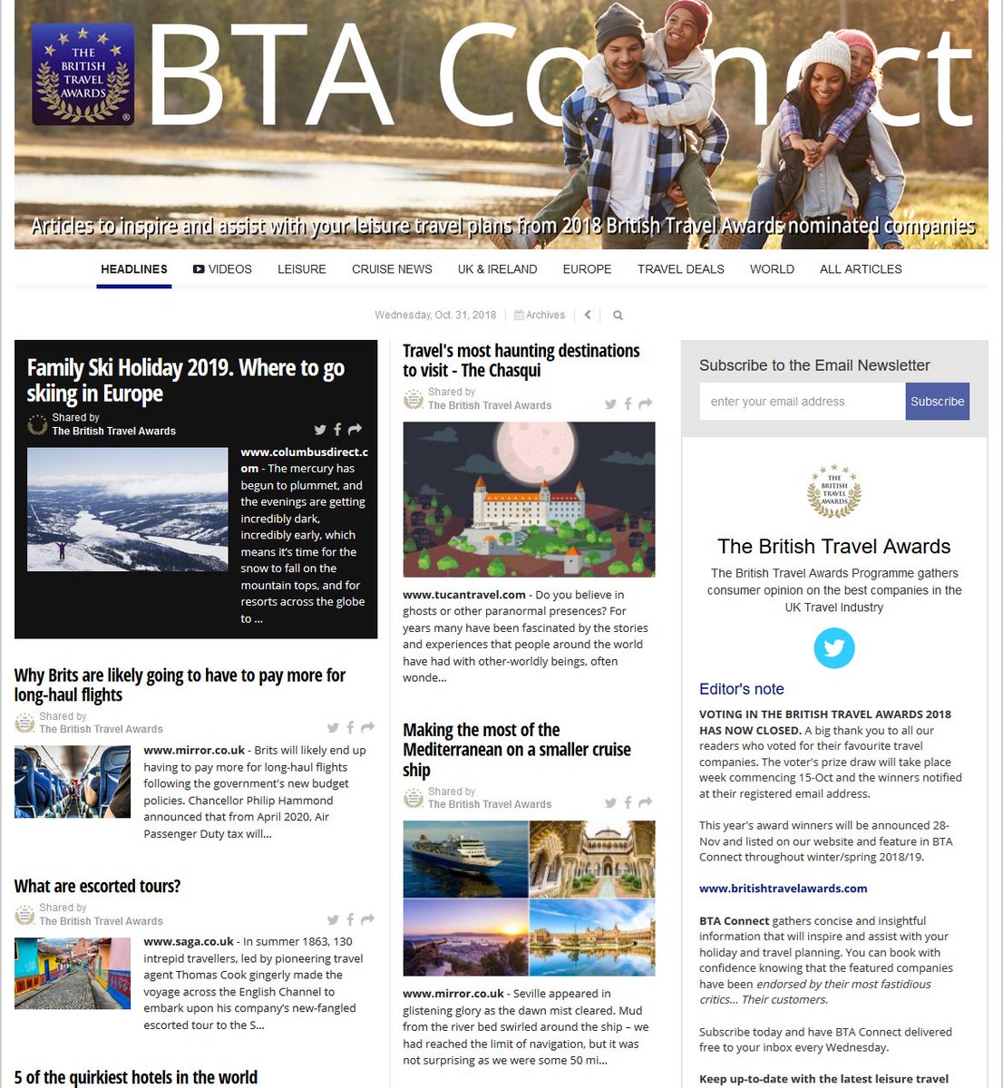 BritTravAwrds's tweet photo. #BTAconnect 31-Oct https://t.co/OVMKn4TANn latest #cruise #travel #selfcatering #uktravel #holidayideas #traveldeals #travelnews articles and video content from #voteBTA18 nominees. https://t.co/3sP0XhOft7