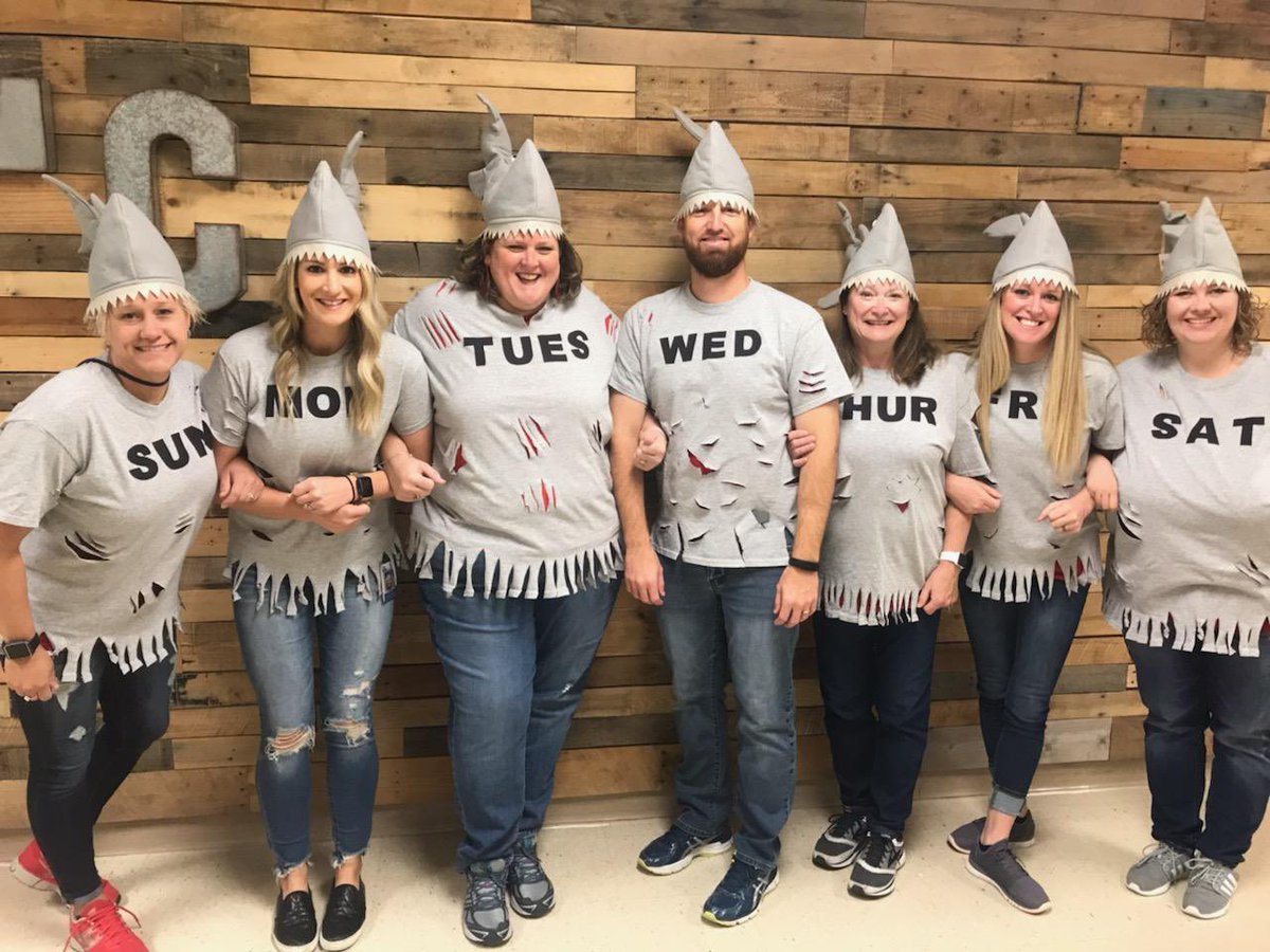 dnortonLC's tweet photo. Joining the fun!  K teachers ready for Shark Week!  No children scared. https://t.co/Ev3blySa9C
