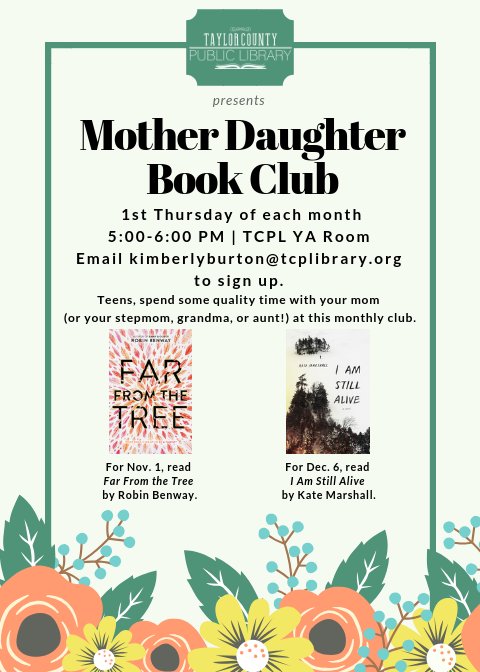 TeensofTCPL's tweet photo. Mother Daughter Book Club meets Thursday @ 5 pm in the YA Room! We're excited to discuss @RobinBenway's Far From the Tree! Join us with your mom, aunt, grandma, whoever! :) https://t.co/u5kKlD2UG9