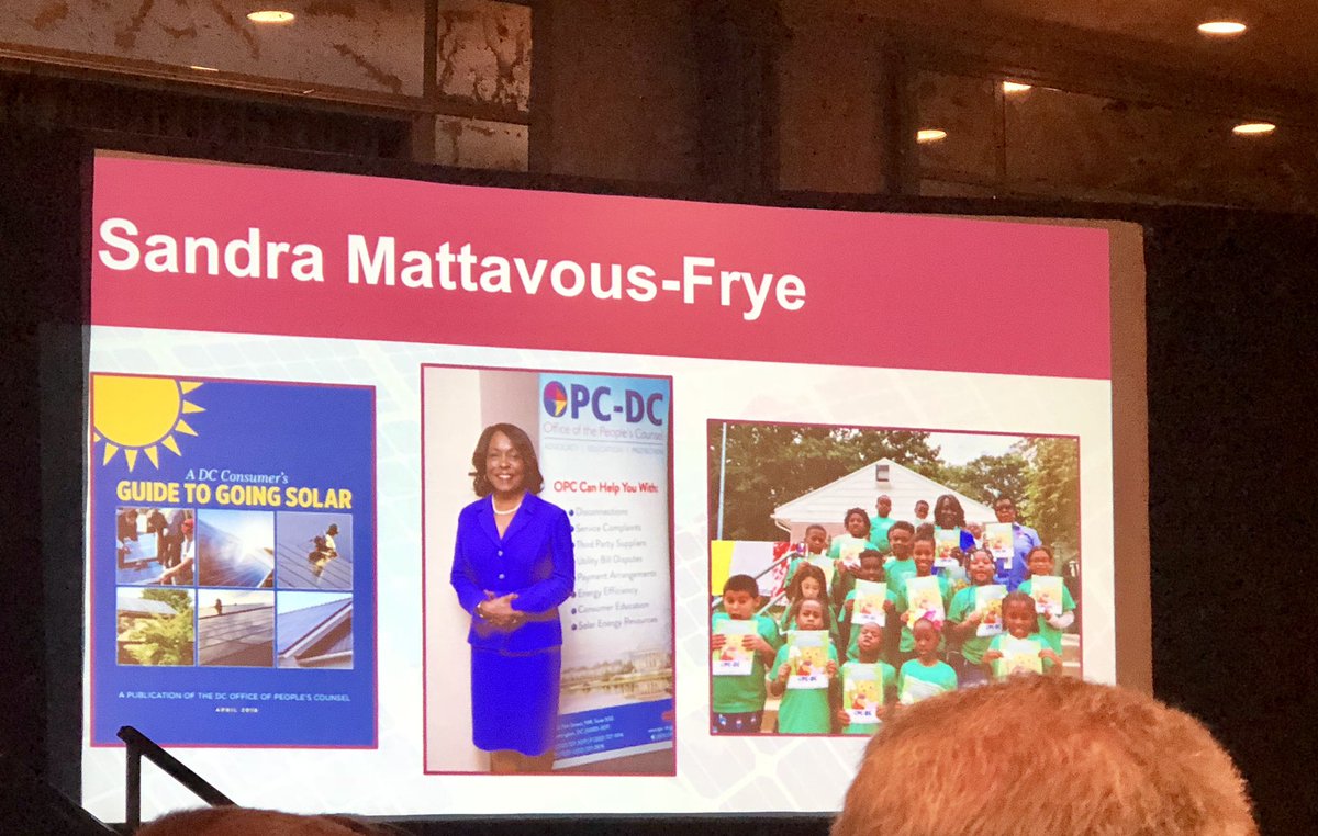 DCOPC's tweet photo. @ #SolarFocus18 Conference, DC People’s Counsel Sandra Mattavous-Frye receives the “Government Champion Award”  from @MDVSEIA , a trade association for the region’s solar community. The Award honors a government official “who has worked to advance the solar industry.” https://t.co/kbDGknj9Rl